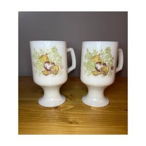 Vintage Milk Glass Coffee Cups Pedestal Mushroom Vegetable Pattern 2 Cups